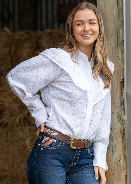 Pure Western Ladies Savannah Shirt White Cotton Frill