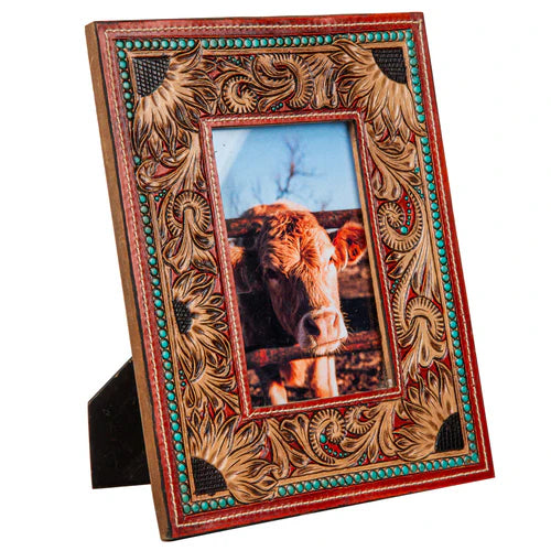 Photo Frame - Genuine Leather Tooled Photo Frame Sunflower