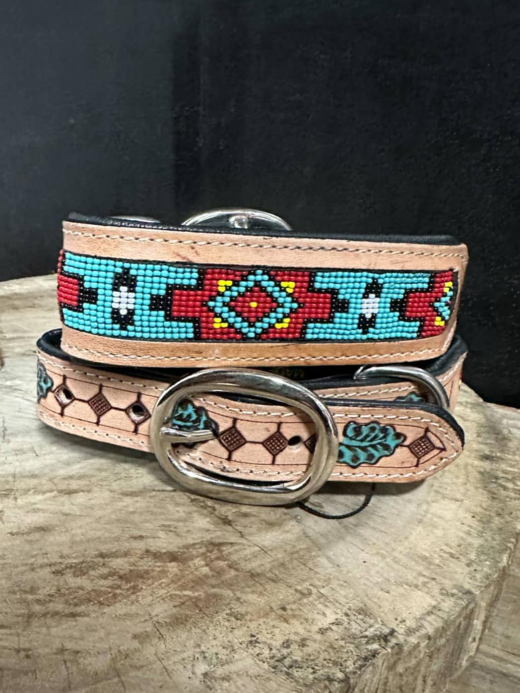 Collar - Genuine Leather Beaded Dog Collar