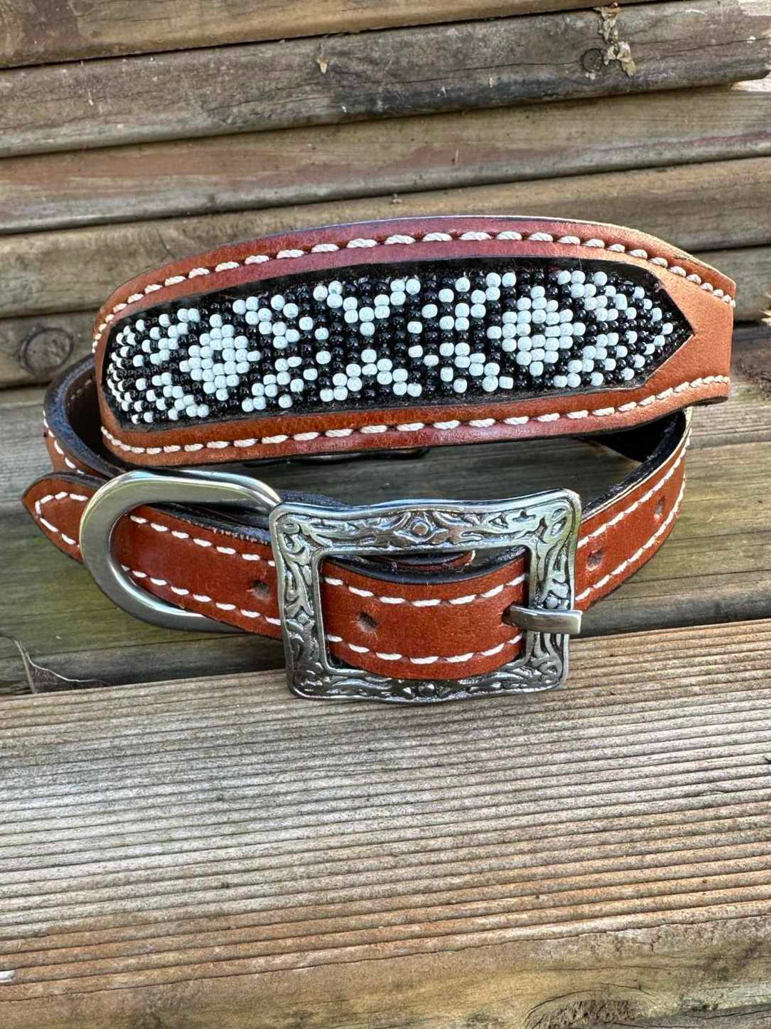 Dog Collar - South Western Beaded Leather Collar Black/White