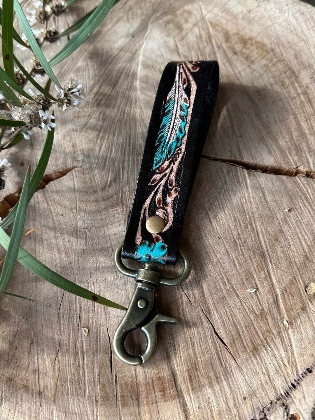 Key Fob - Tooled Leather Turquoise Feather Strap