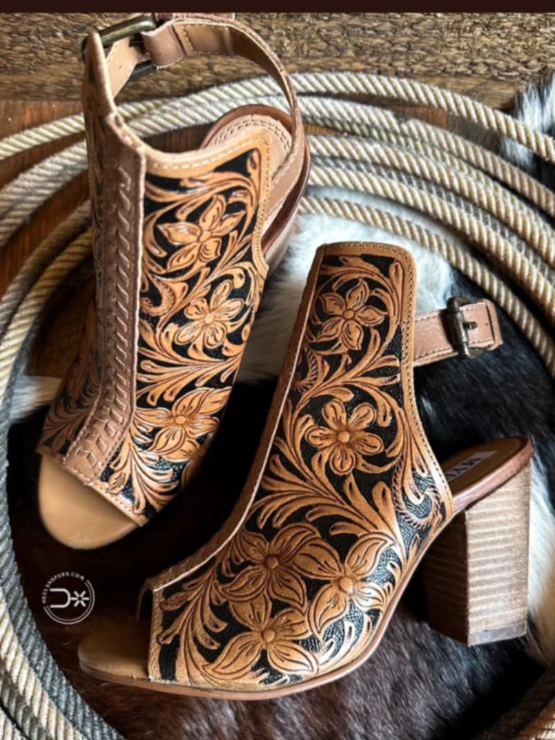 Western Leather Fashion Heel Shoe Sandal Tooled Leather Design