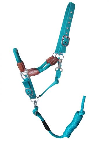 Halter - Nylon halter and matching lead rope with leather accents Teal