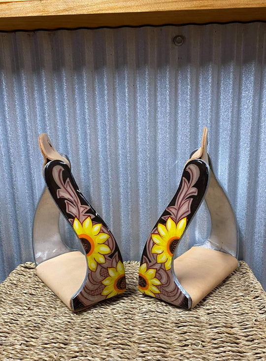 Stirrups - Angled  Sunflower Tooled Print