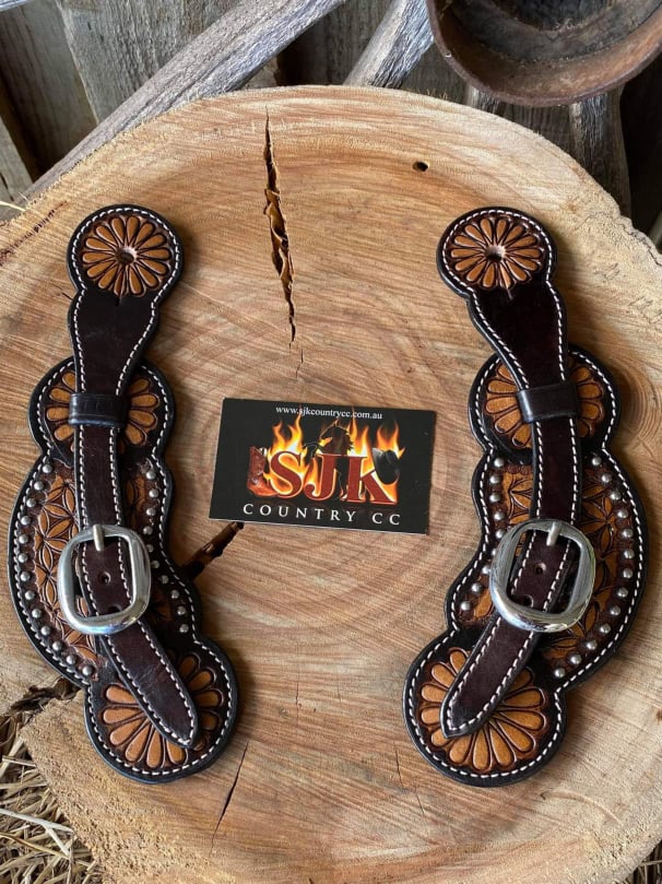 Straps - Leather Ladies size floral tooled spur straps