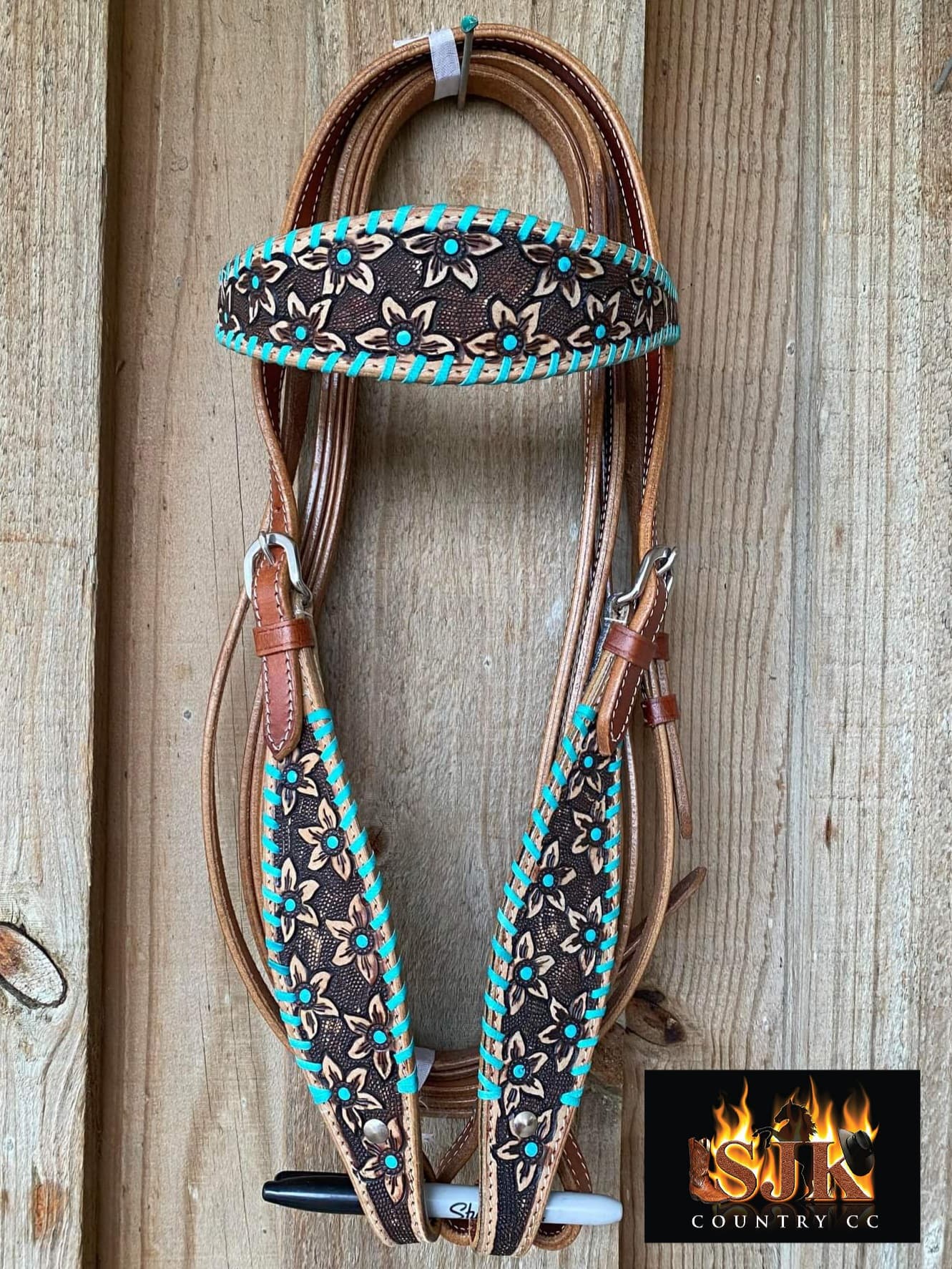 Western Bridle Floral Embossed Headstall with Buckstitch trim W/ Reins