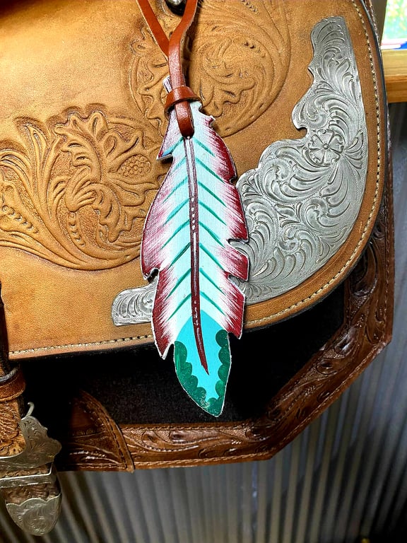 Charm - Leather Saddle Tie on Charms Feather Design Teal/ Burgandy