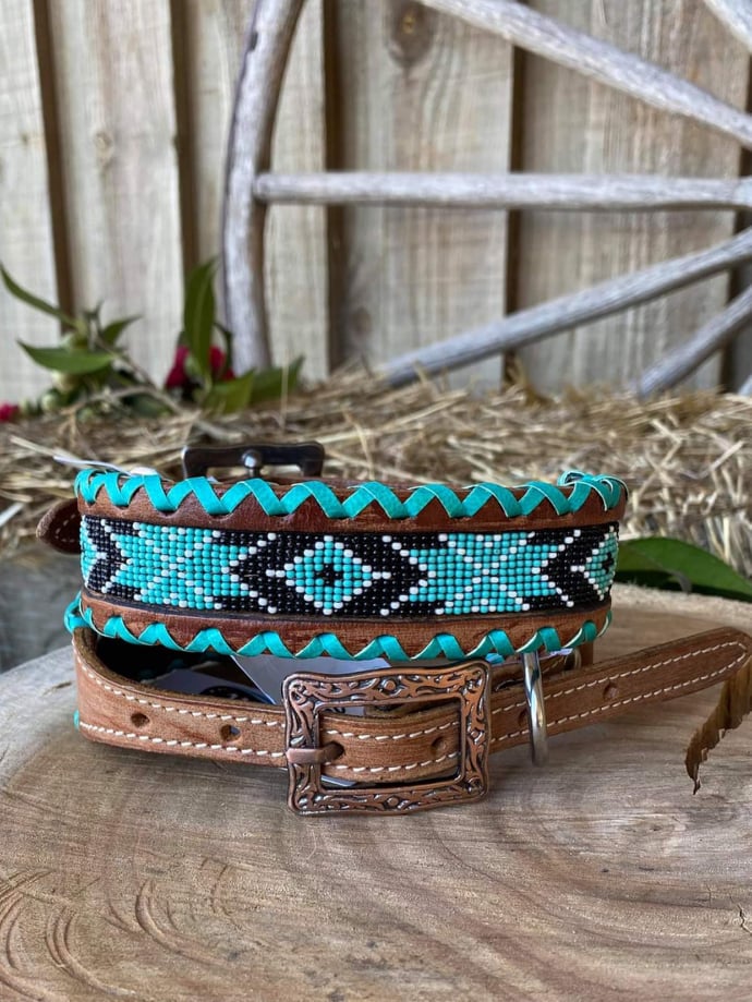Dog Collar - South Western Beaded Leather Collar DC 39