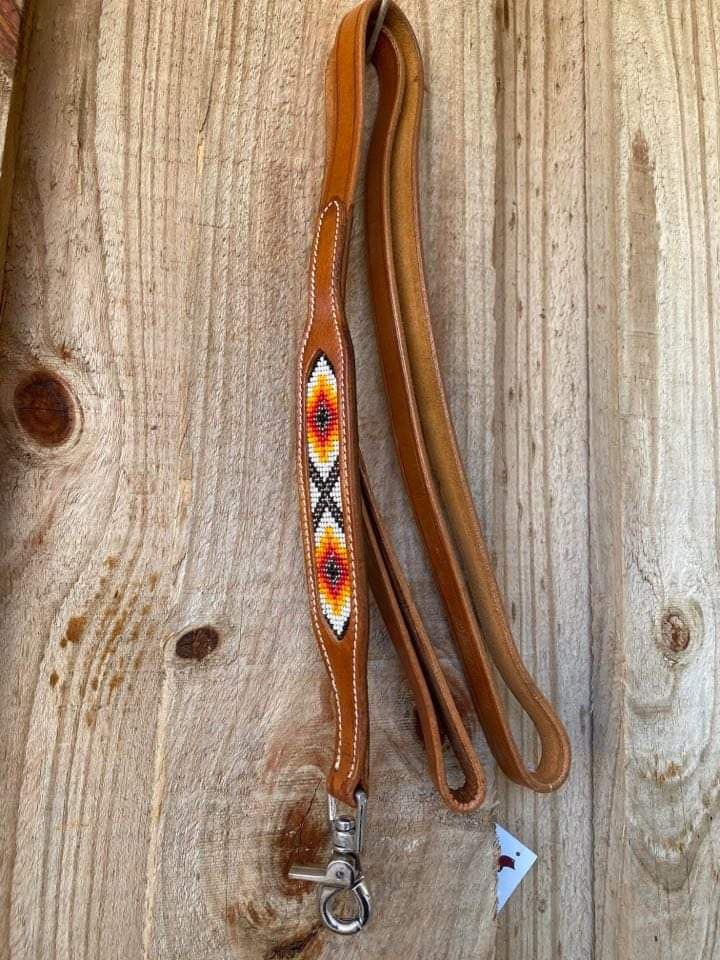 Lead - 5 ft DOG LEASH Leather with Red Orange Yellow Beaded Inlay & Swivel Clip