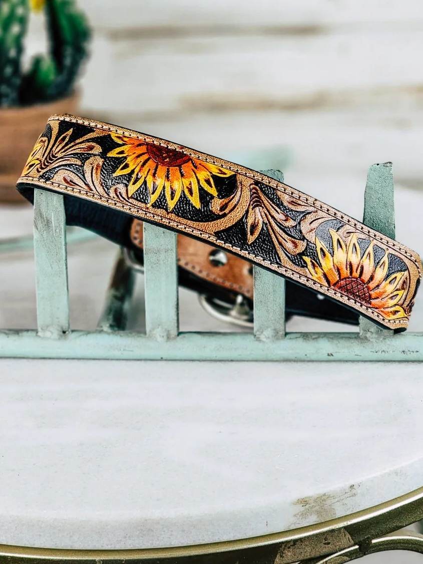HOT Leather Sunflower Dog Collar Collar Genuine Leather Dog
