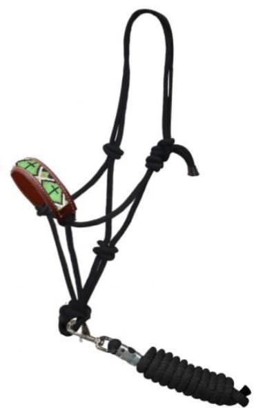 Halter - Cowboy Knot Rope Halter Horse Size Lime Beads Leather Noseband