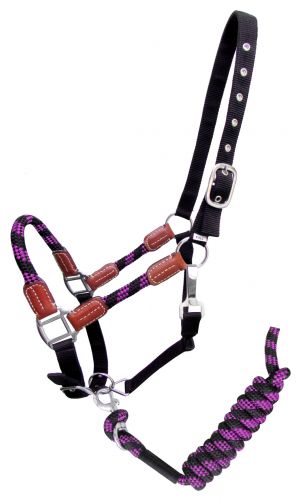 Halter - Nylon halter and matching lead rope with leather accents Pink
