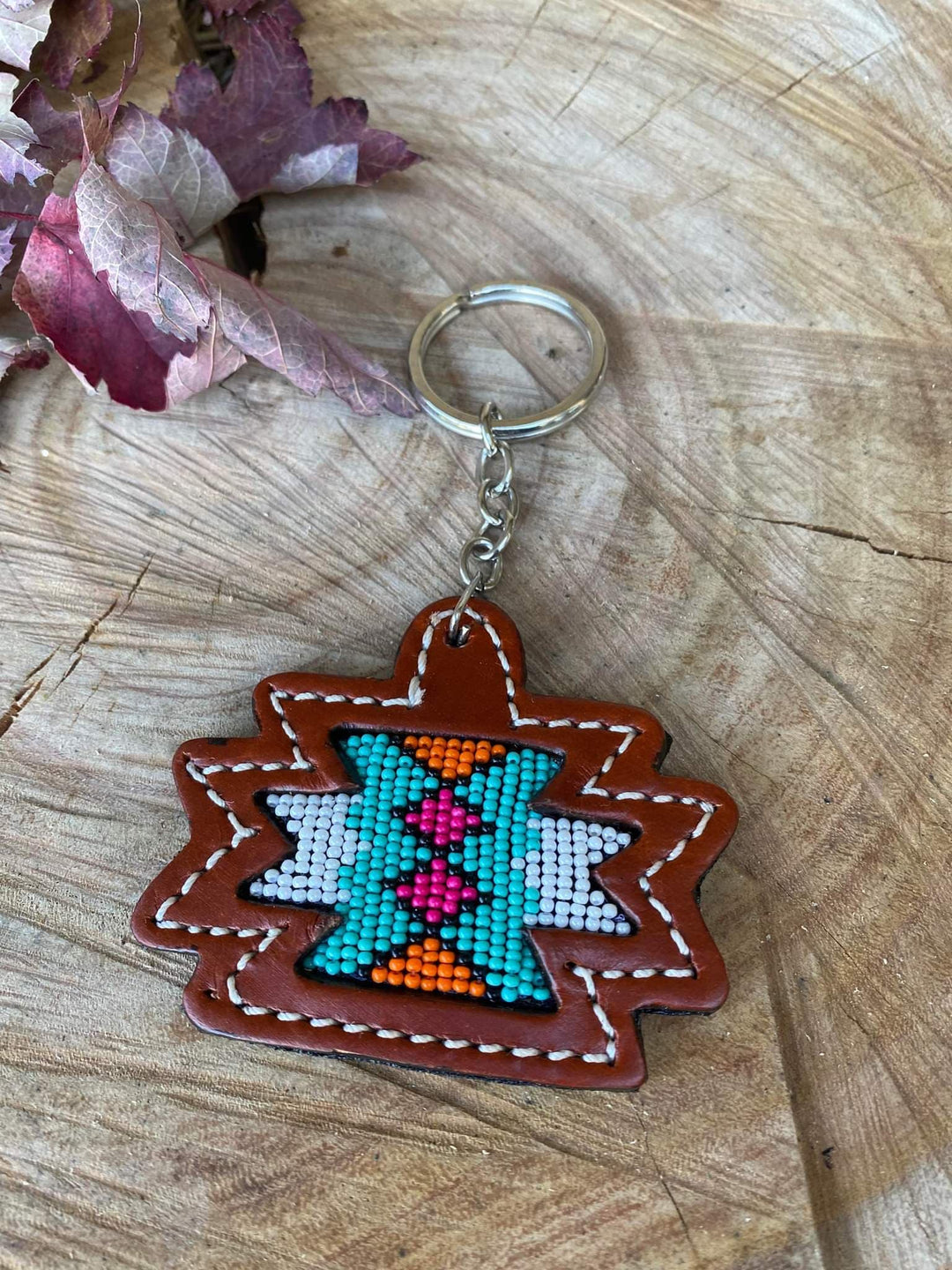 Key Ring - Genuine Leather Beaded Aztec Design
