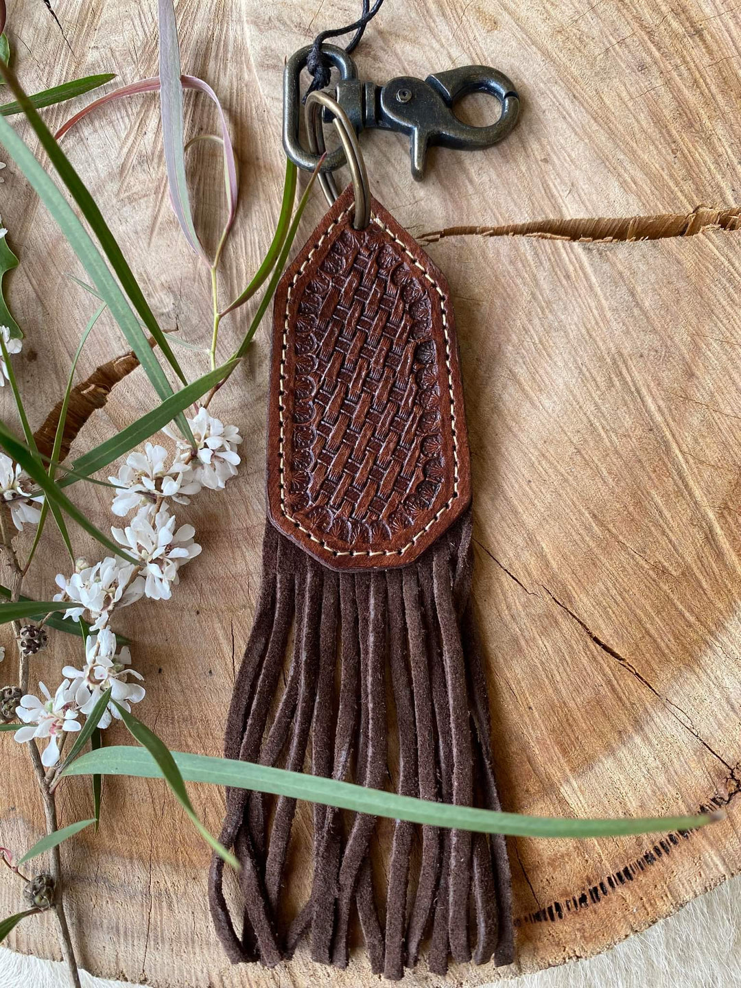 Key Ring - Genuine Leather Key Ring/ Bag Charm Basketweave