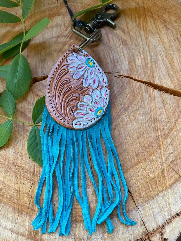 Key Ring - Genuine Leather Turquoise Key Ring/ Bag Charm Blossom