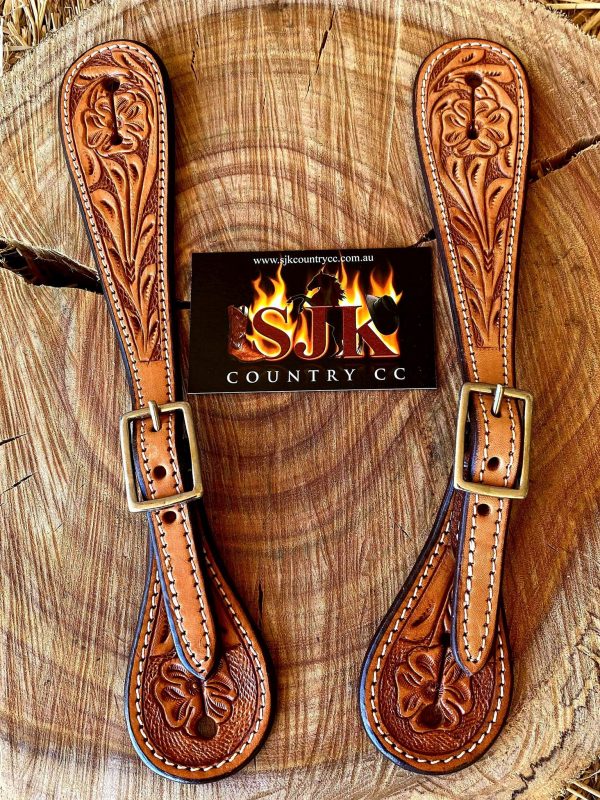 Straps - Leather Spur Straps with Floral Tooling