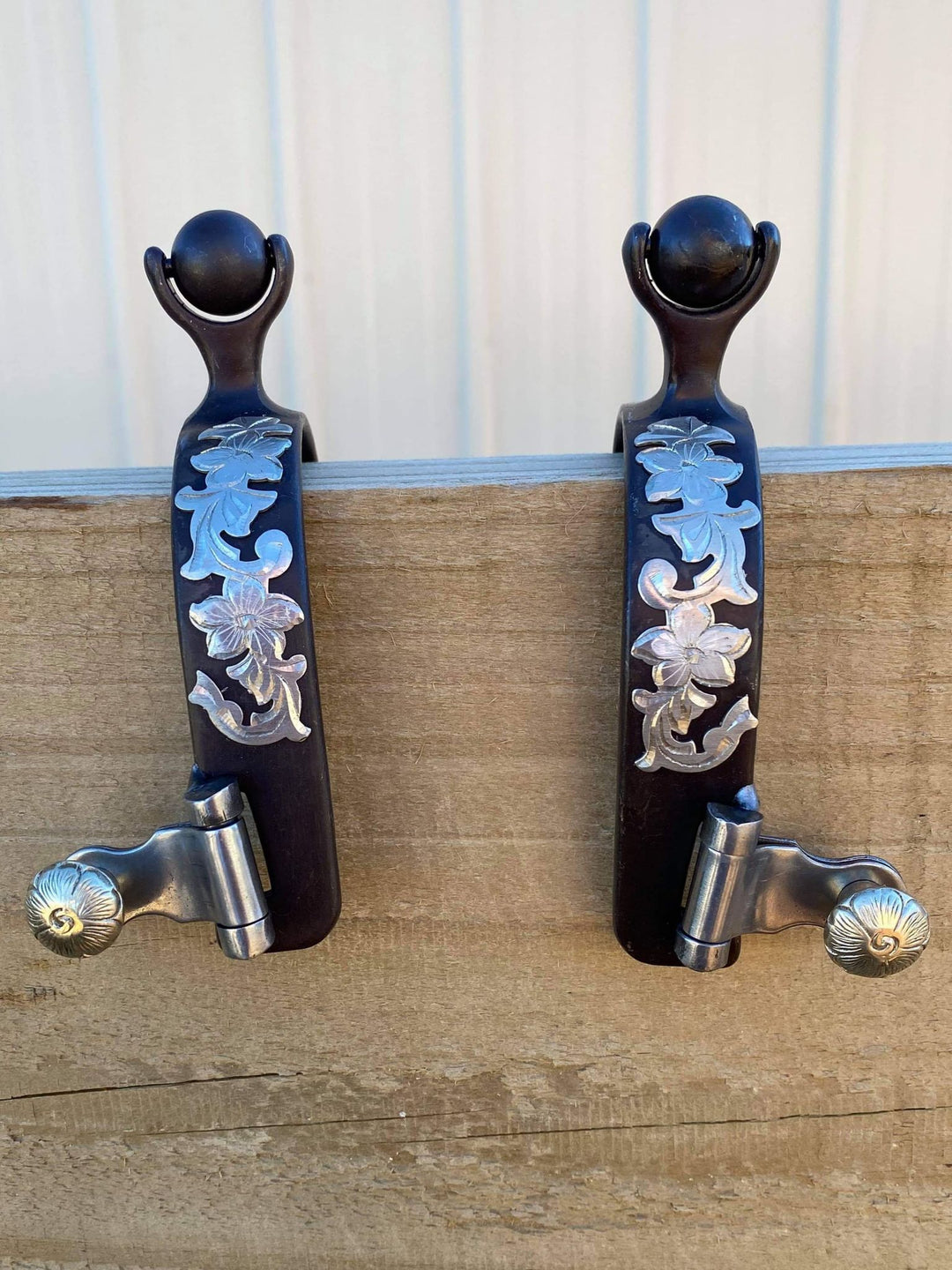 Spurs - Ladies size Brown steel roller ball spur with engraved silver