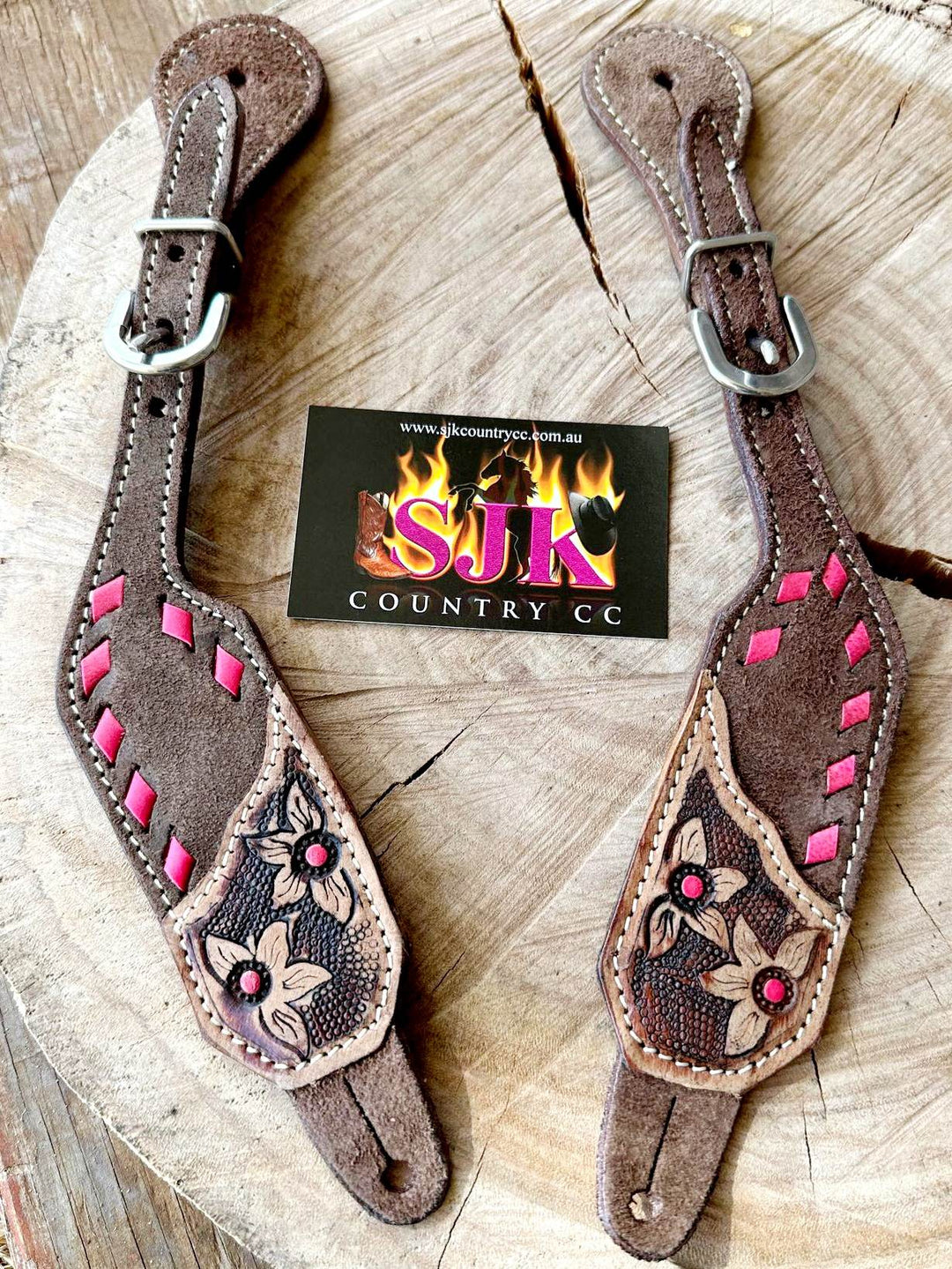 Straps - Ladies Buckstitch Trim Spur Straps Tooled Flower Pink