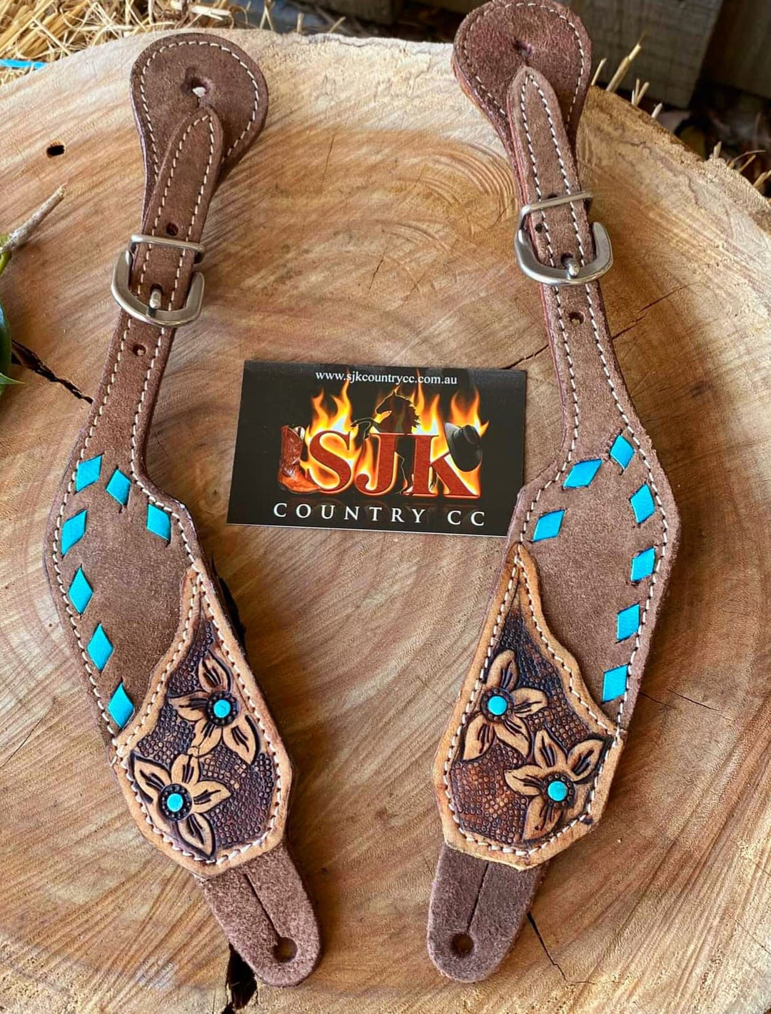 Straps - Ladies Buckstitch Trim Spur Straps Tooled Flower