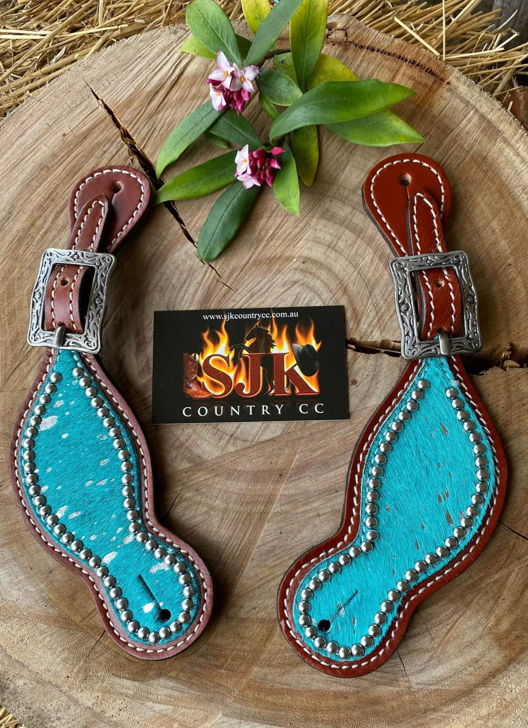 Straps - Ladies Hide Foil Trim Spur Straps Fancy Buckles