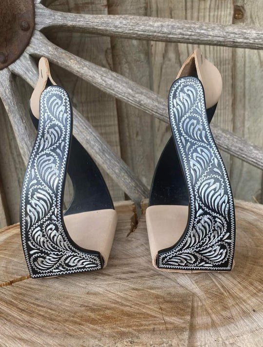 Stirrups - Angled Black Engraved Twisted Irons
