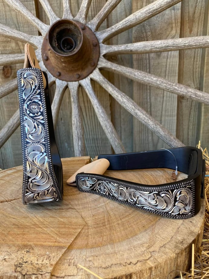Stirrups - Black Aluminum stirrups with Silver Engraving. Removable Rubber Grip Tread.