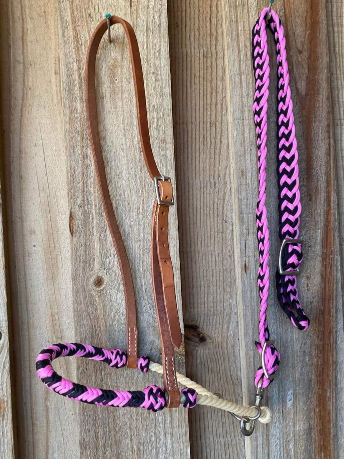 Noseband - Braided nylon rope noseband and nylon tie down - Pink
