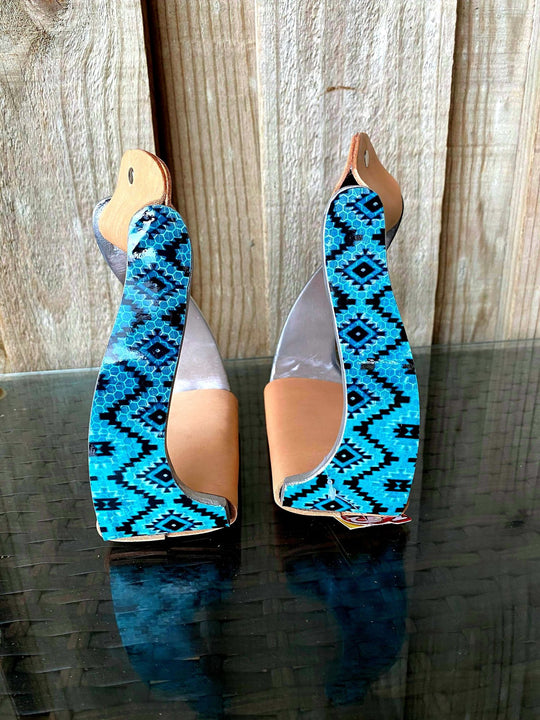 Stirrups -  ® Lightweight twisted angled aluminum stirrups with shimmering teal Navajo print.