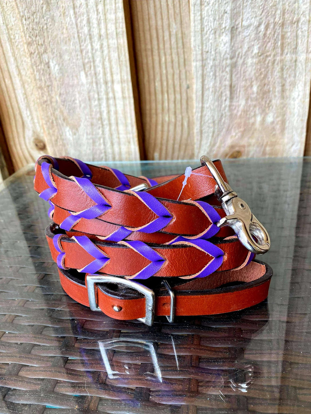 Reins - ® 8ft leather braided rein with Purple lacing