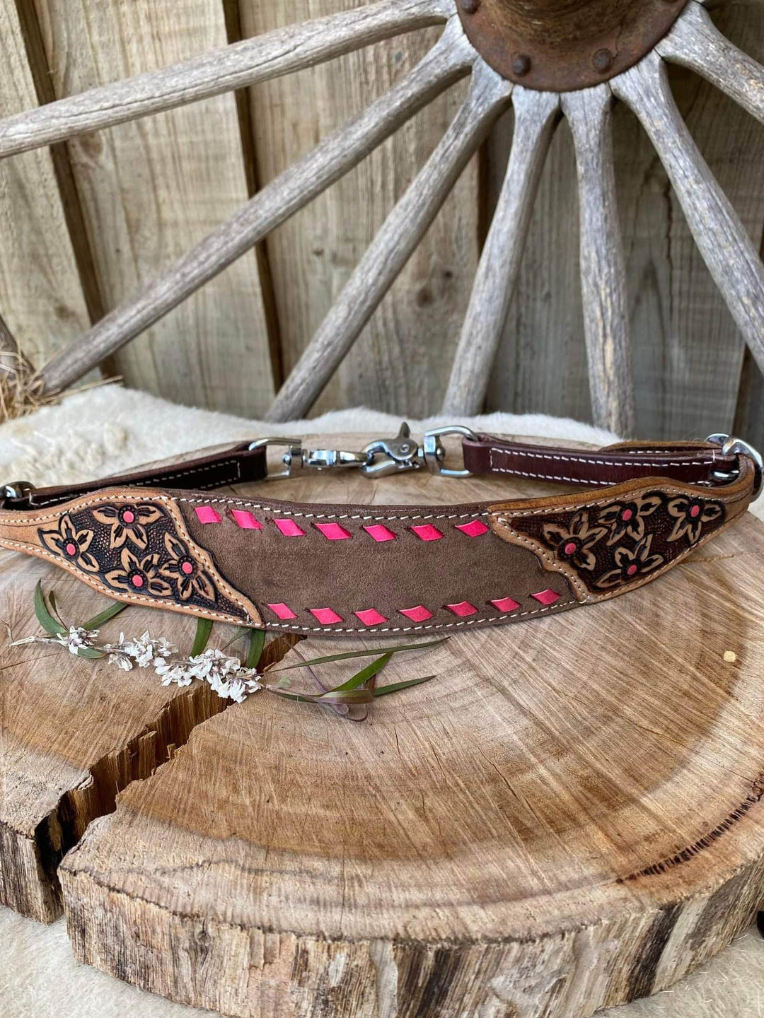 Wither Strap - Floral Embossed with Buckstitch trim Pink