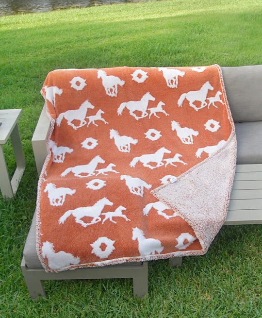 Warm Sherpa Lined Horse Print Throw Rug Blanket