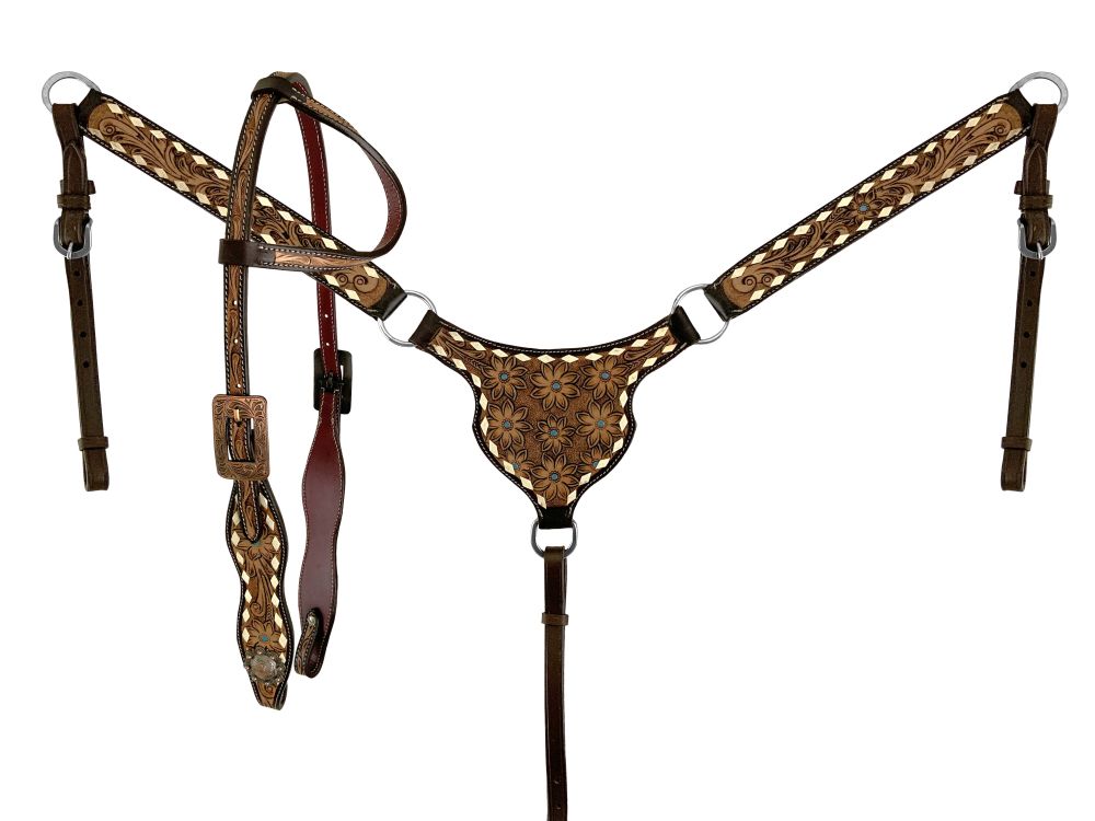 Western Tack Set - One ear Floral Buckstitch Leather Bridle & Breastcollar Set
