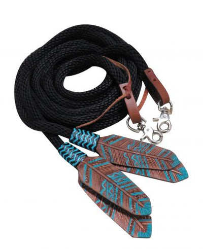 Reins - Black 8ft braided nylon reins with large leather FEATHER poppers