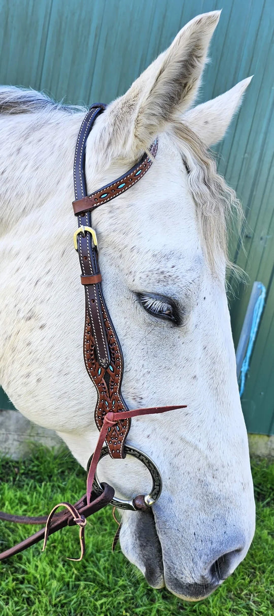 Western Bridle One Ear Tooled Turquoise Inlay Headstall