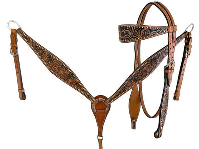 Western Tack Set Floral Tooled Leather Bridle & Breastcollar Cob/Full Size