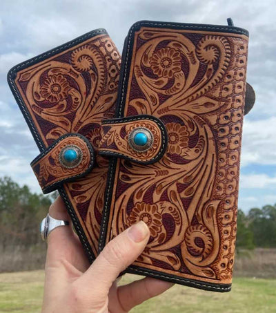 Western Leather Purse Tooled Leather Western Concho  Detail wallet
