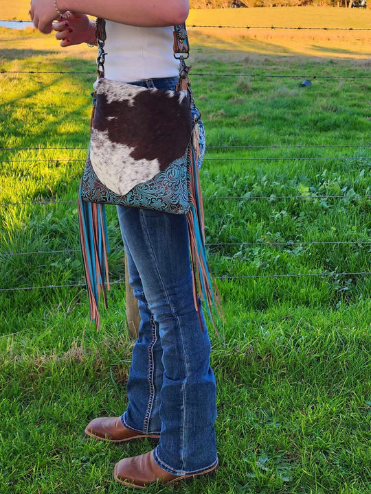 Western Hide & Leather Cowhide Turquoise Tooled Small Crossbody