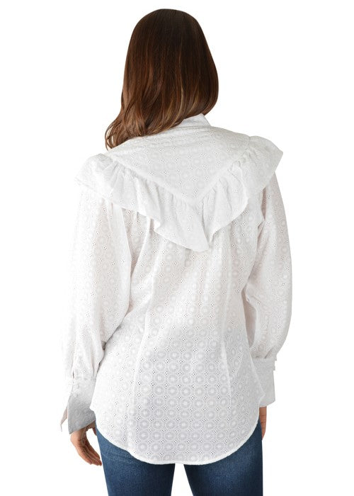 Pure Western Ladies Savannah Shirt White Cotton Frill