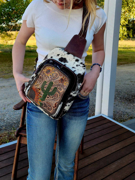 Backpack -  Hair on Hide and Leather Cactus Sling Bag