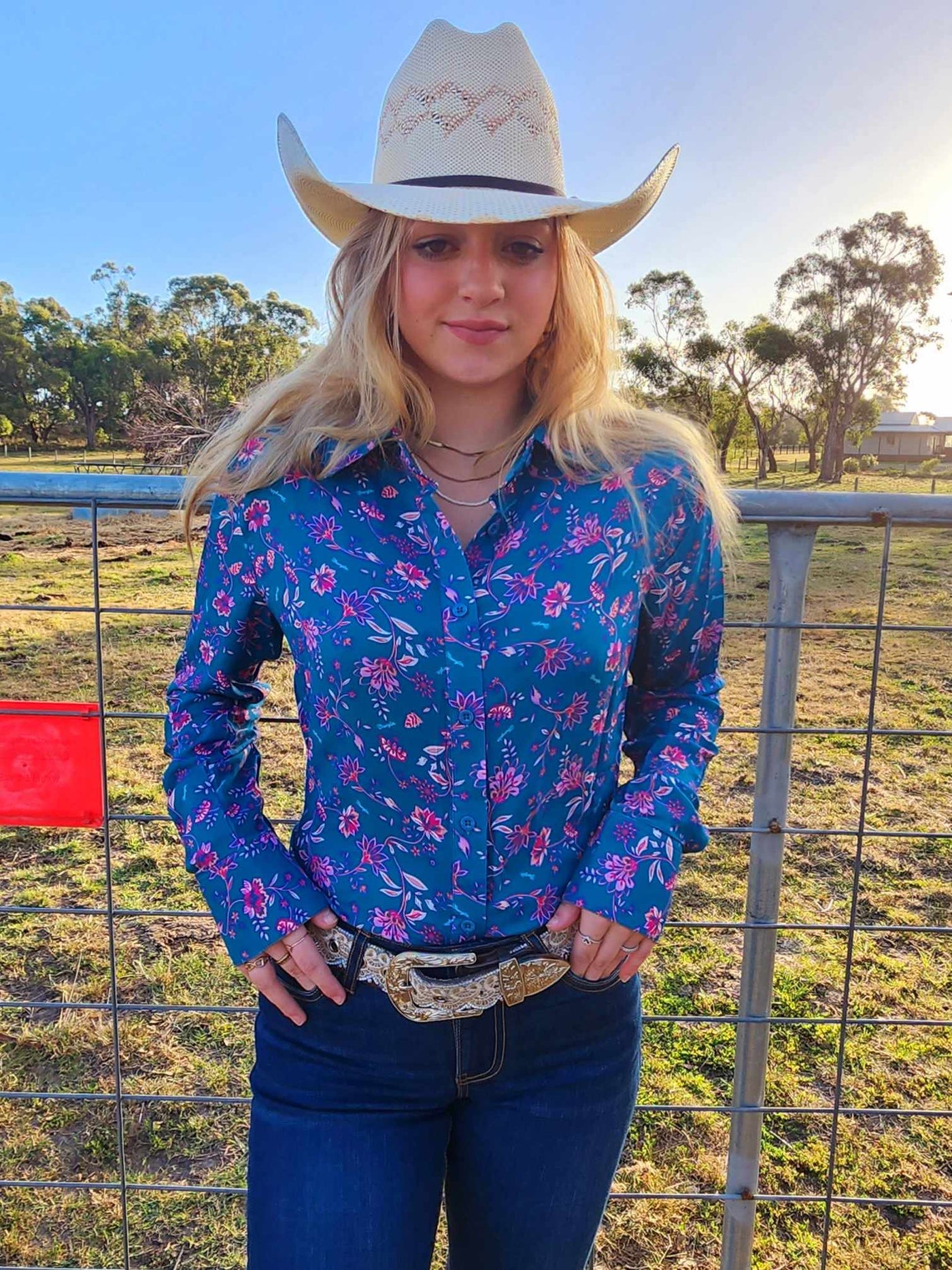 Wrangler Western Ladies Leah Teal/ Pink Shirt