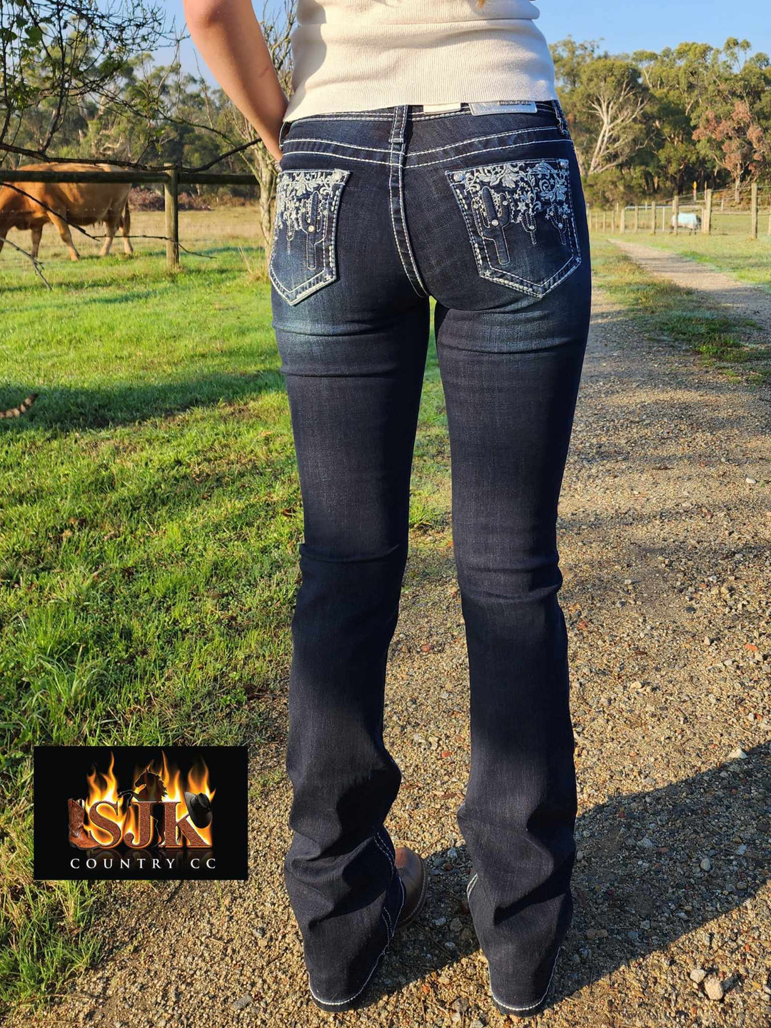 Grace in LA Mid Rise Western Dark Cactus Lace Jeans
