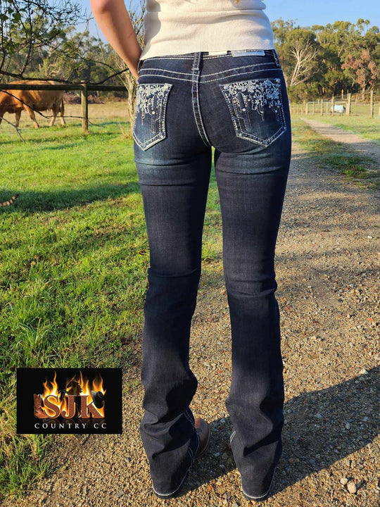 Grace in LA Mid Rise Western Dark Cactus Lace Jeans