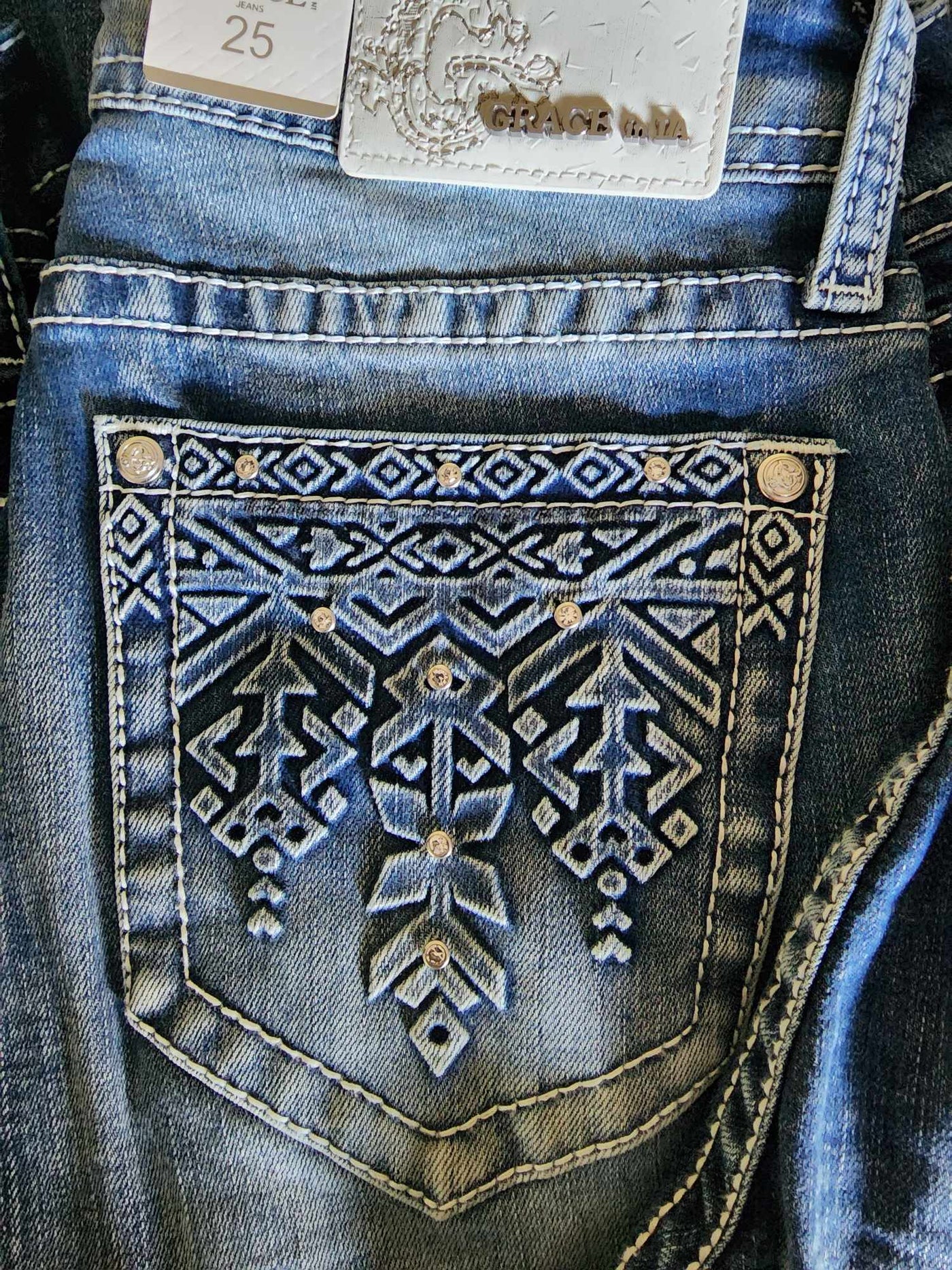 Grace in LA Mid Rise Western Tribal Pocket & Leg Jeans