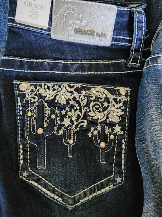 Grace in LA Mid Rise Western Dark Cactus Lace Jeans
