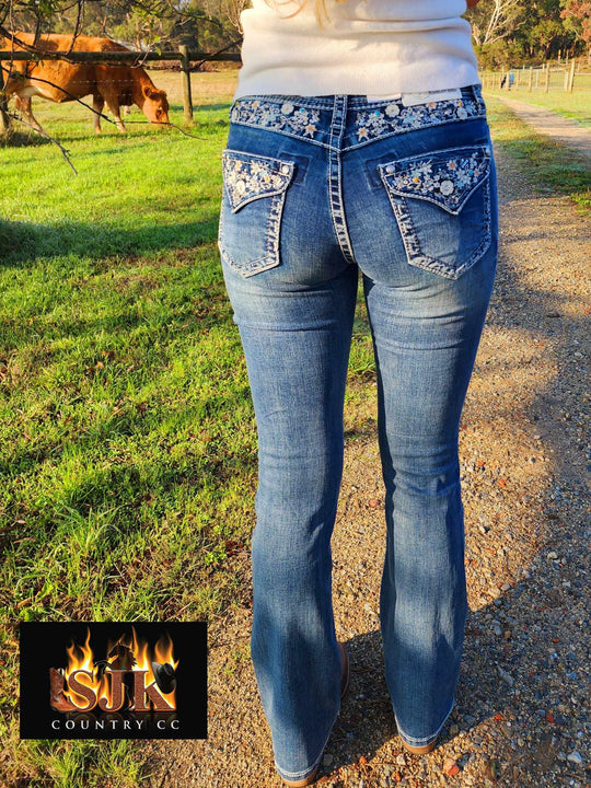 Grace in LA Mid Rise Western Floral Yoke & Pcoket  32" Leg Jeans