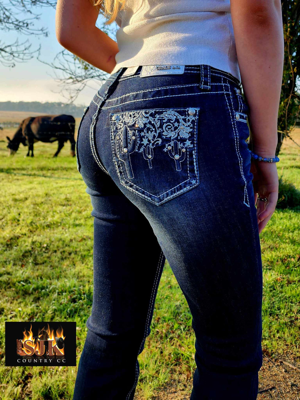 Grace in LA Mid Rise Western Dark Cactus Lace Jeans