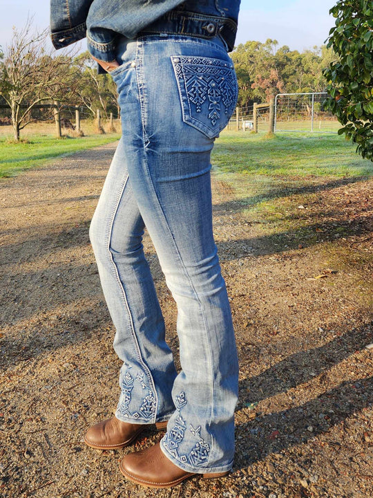 Grace in LA Mid Rise Western Tribal Pocket & Leg Jeans