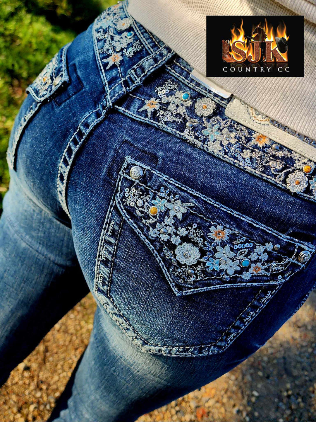 Grace in LA Mid Rise Western Floral Yoke & Pcoket  32" Leg Jeans