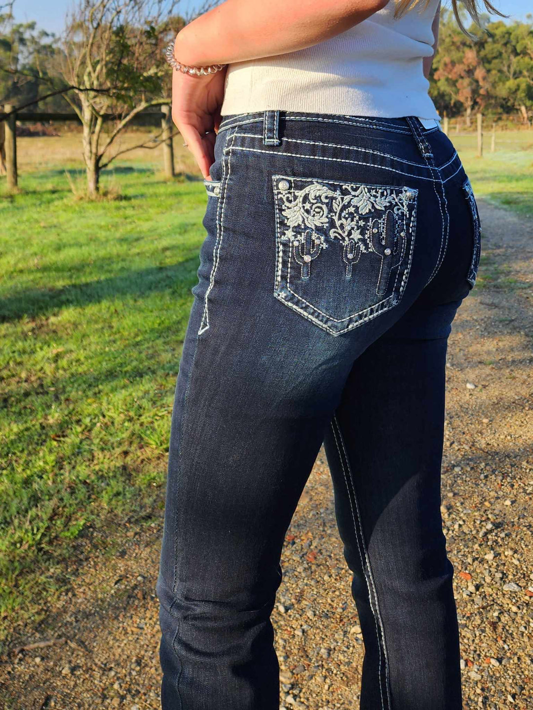 Grace in LA Mid Rise Western Dark Cactus Lace Jeans