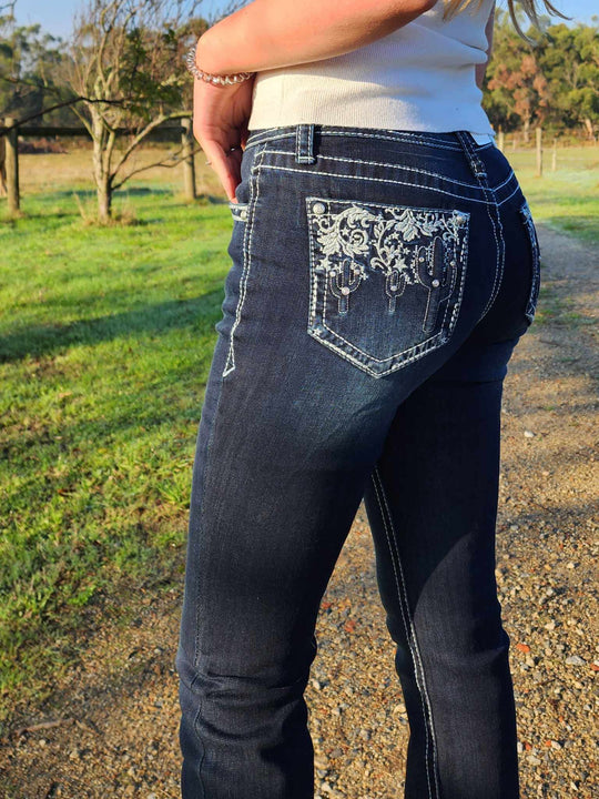 Grace in LA Mid Rise Western Dark Cactus Lace Jeans